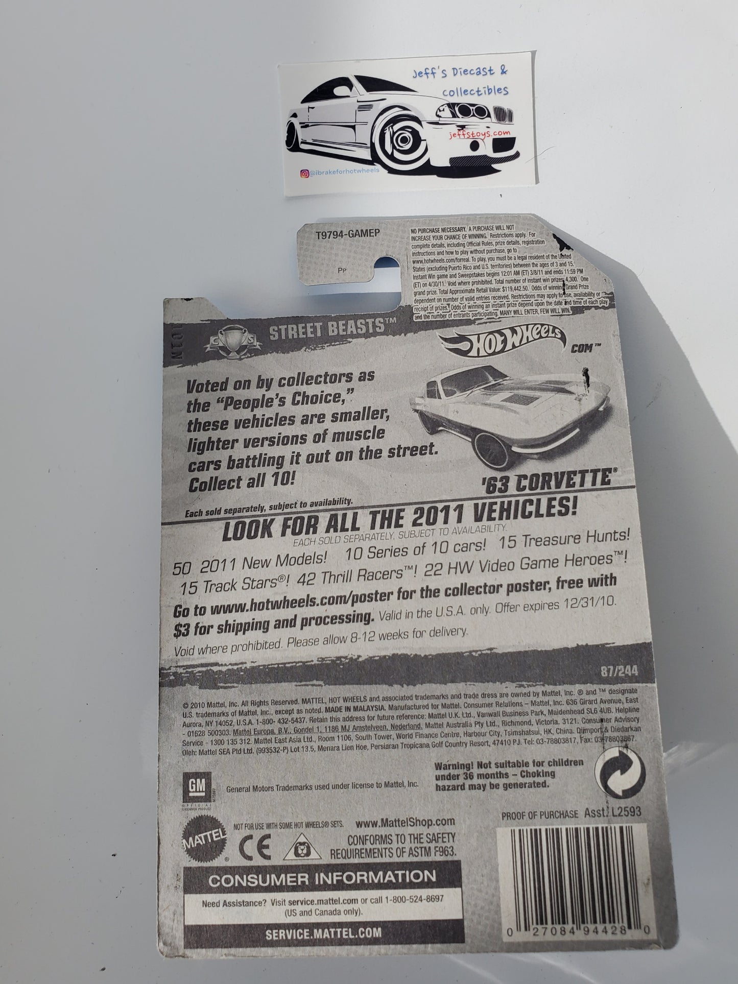 2011 Hot Wheels '63 Corvette #87 License Plate Card