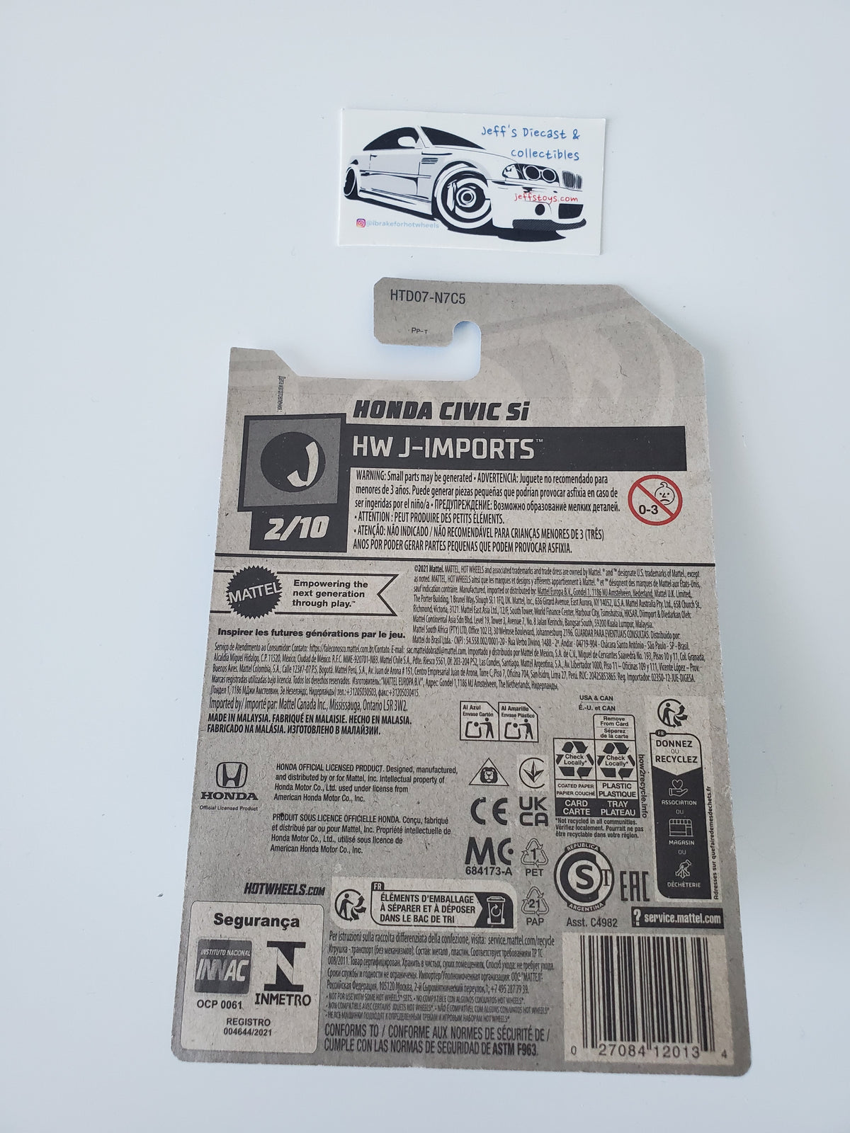 2023 Hot Wheels Honda Civic SI #45 White International Card